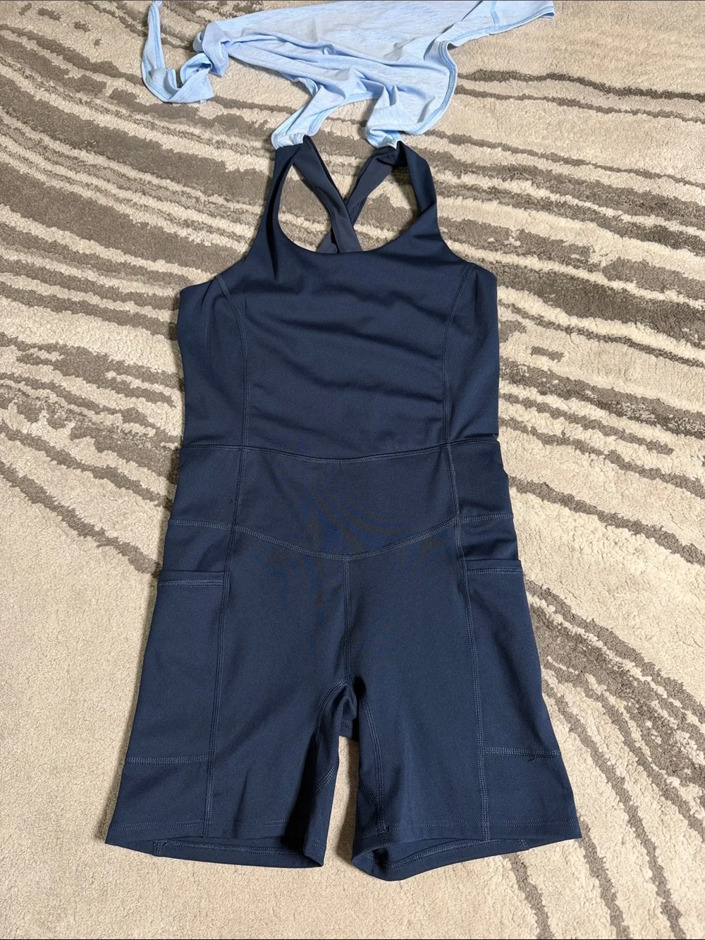 NWOT Free People Navy Blue Athletic Romper with Light Blue Tie
